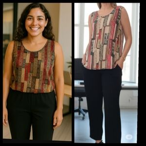 Quilt look 100% Silk Boho Southwestern Tank Top Scoop Neck Patchwork Size Med●